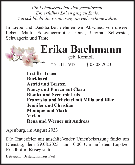 Traueranzeigen Von Erika Bachmann Abschied Nehmen De