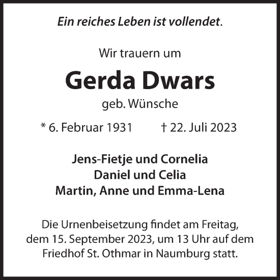 Traueranzeigen Von Gerda Dwars Abschied Nehmen De