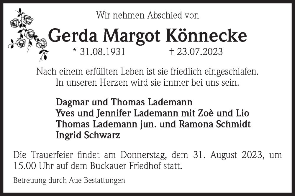 Traueranzeigen von Gerda Margot Könnecke abschied nehmen de