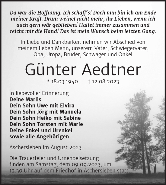 Traueranzeigen von Günter Aedtner abschied nehmen de