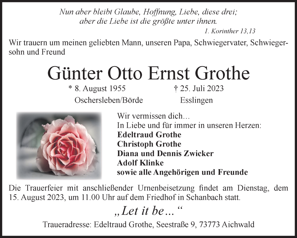 Traueranzeigen von Günter Otto Ernst Grothe abschied nehmen de