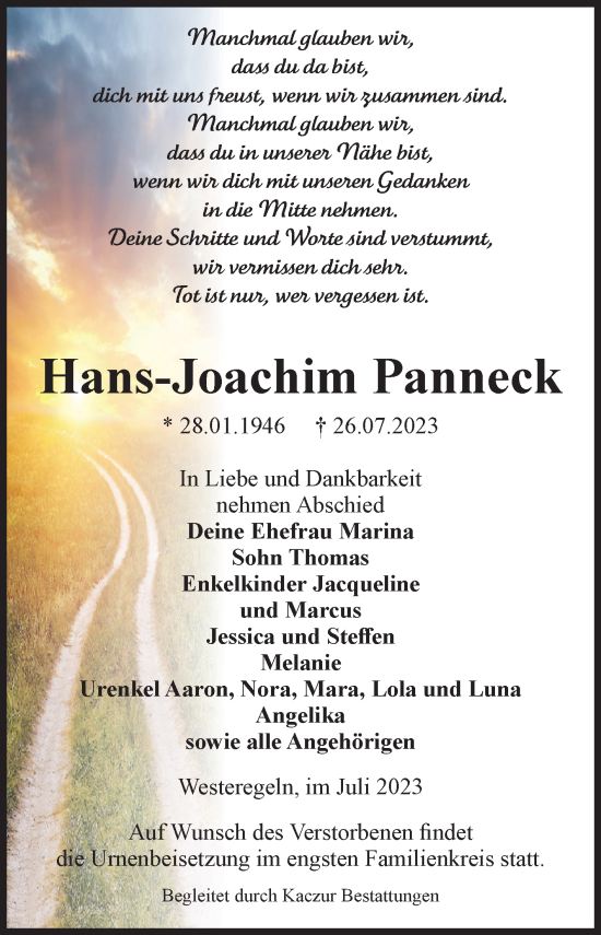 Traueranzeigen Von Hans Joachim Panneck Abschied Nehmen De