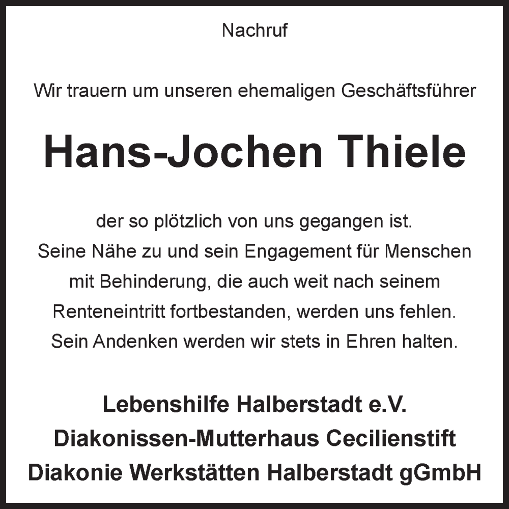 Traueranzeigen Von Hans Jochen Thiele Abschied Nehmen De