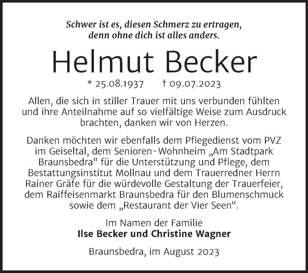 Traueranzeigen Von Helmut Becker Abschied Nehmen De