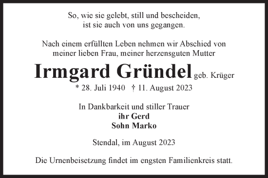 Traueranzeigen von Irmgard Gründel abschied nehmen de