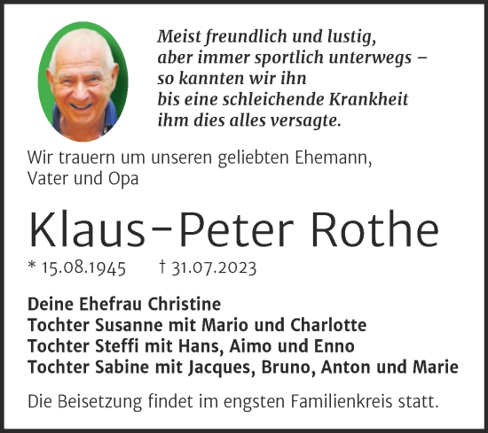 Traueranzeigen Von Klaus Peter Rothe Abschied Nehmen De