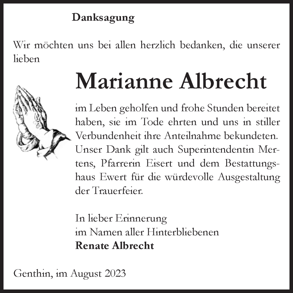 Traueranzeigen Von Marianne Albrecht Abschied Nehmen De