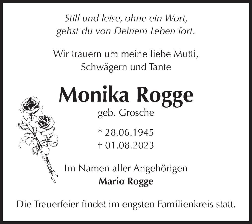 Traueranzeigen Von Monika Rogge Abschied Nehmen De