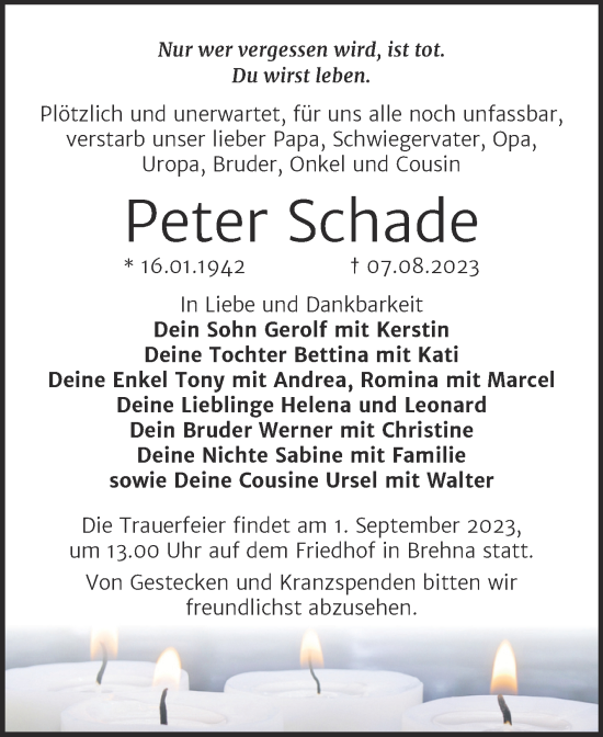 Traueranzeigen Von Peter Schade Abschied Nehmen De