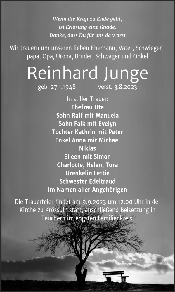 Traueranzeigen Von Reinhard Junge Abschied Nehmen De