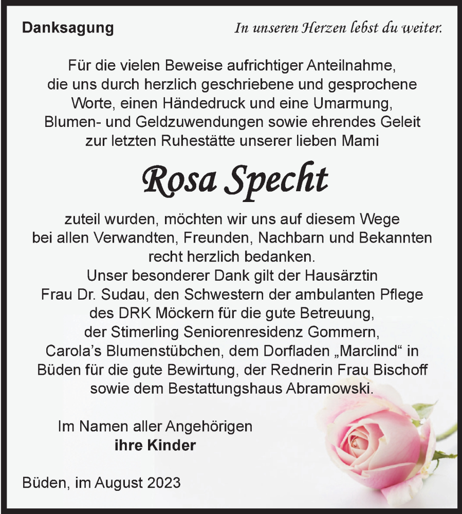 Traueranzeigen Von Rosa Specht Abschied Nehmen De