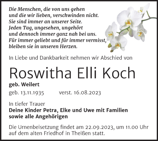 Traueranzeigen Von Roswitha Elli Koch Abschied Nehmen De