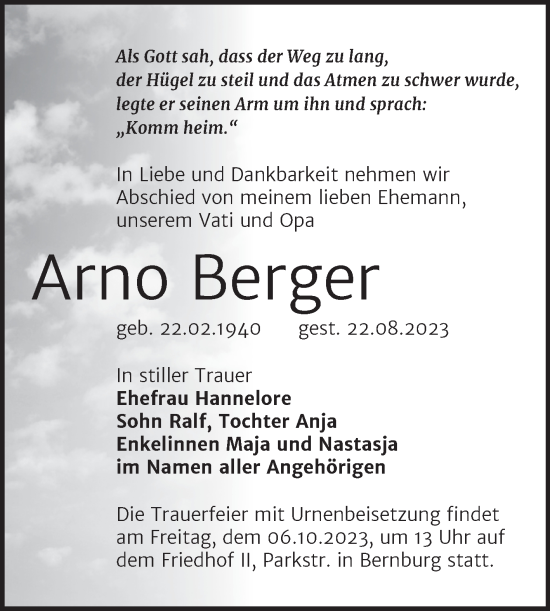 Traueranzeigen Von Arno Berger Abschied Nehmen De