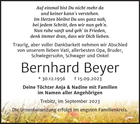 Traueranzeigen Von Bernhard Beyer Abschied Nehmen De