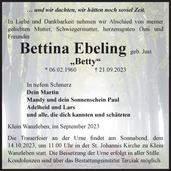 Traueranzeigen Von Bettina Ebeling Abschied Nehmen De