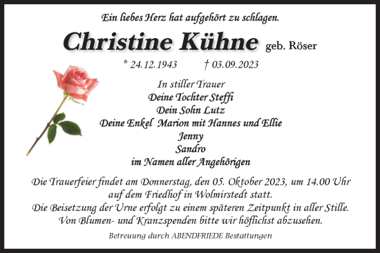 Traueranzeigen Von Christine K Hne Abschied Nehmen De