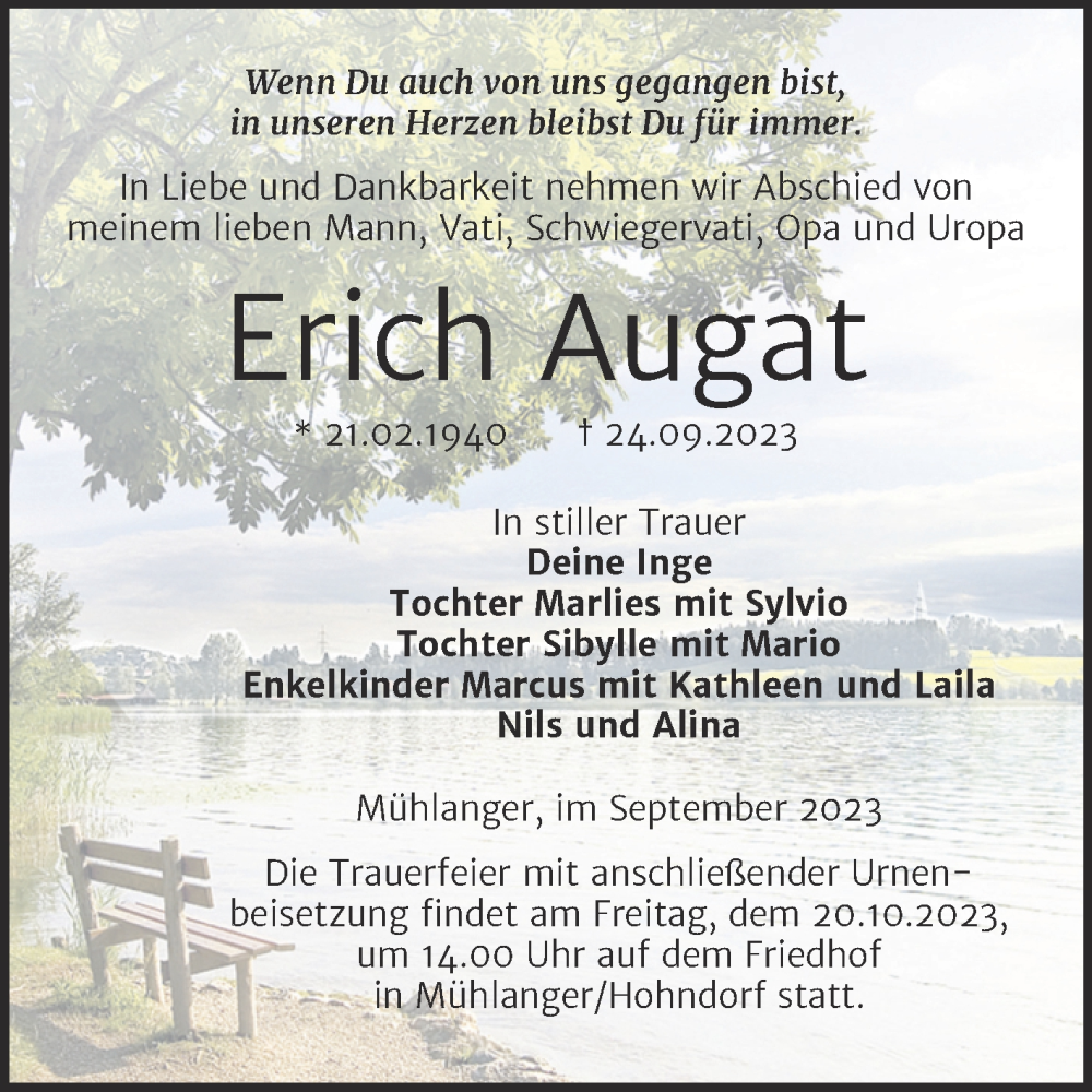 Traueranzeigen Von Erich Augat Abschied Nehmen De