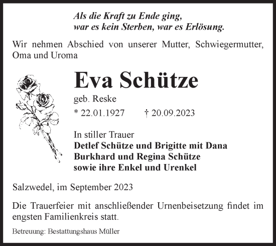 Traueranzeigen Von Eva Sch Tze Abschied Nehmen De