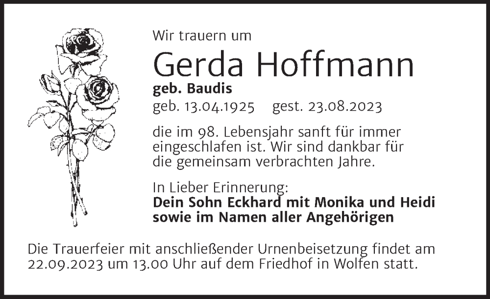 Traueranzeigen Von Gerda Hoffmann Abschied Nehmen De