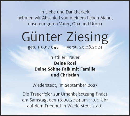 Traueranzeigen von Günter Ziesing abschied nehmen de