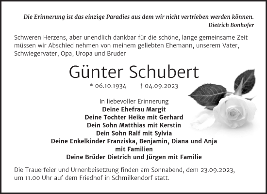 Traueranzeigen Von Gunter Schubert Abschied Nehmen De