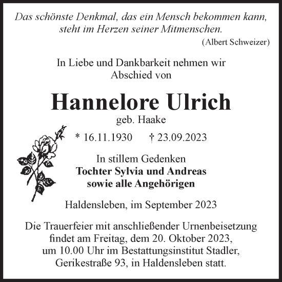 Traueranzeigen Von Hannelore Ulrich Abschied Nehmen De