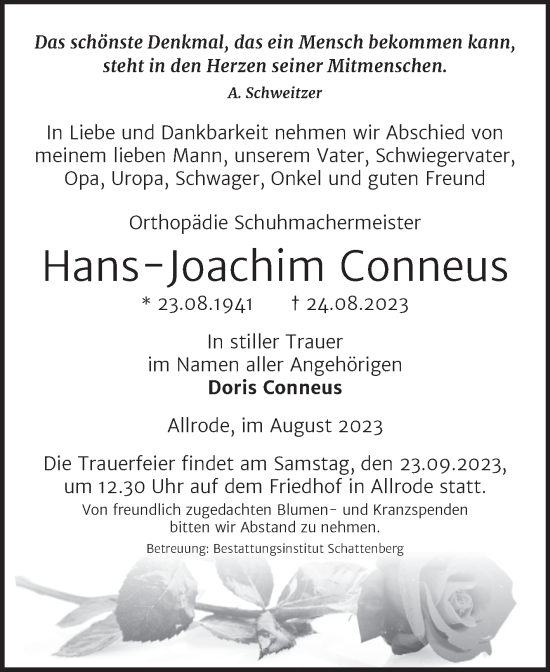 Traueranzeigen Von Hans Joachim Conneus Abschied Nehmen De