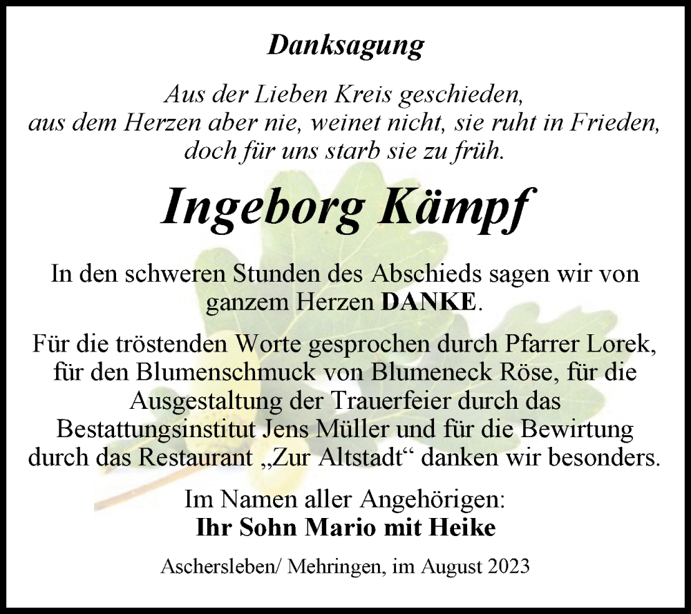 Traueranzeigen von Ingeborg Kämpf abschied nehmen de