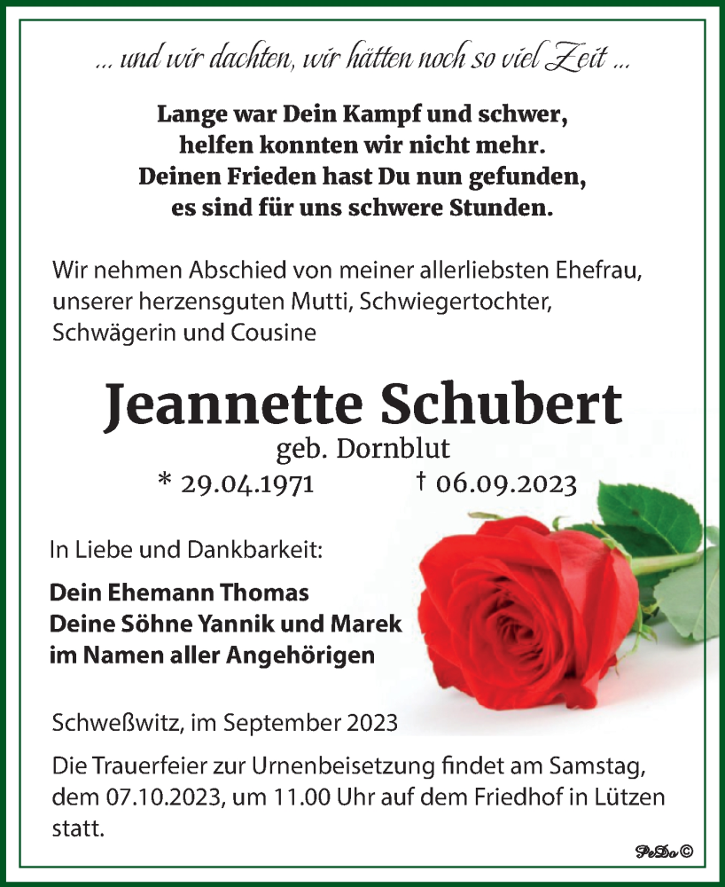 Traueranzeigen Von Jeannette Schubert Abschied Nehmen De