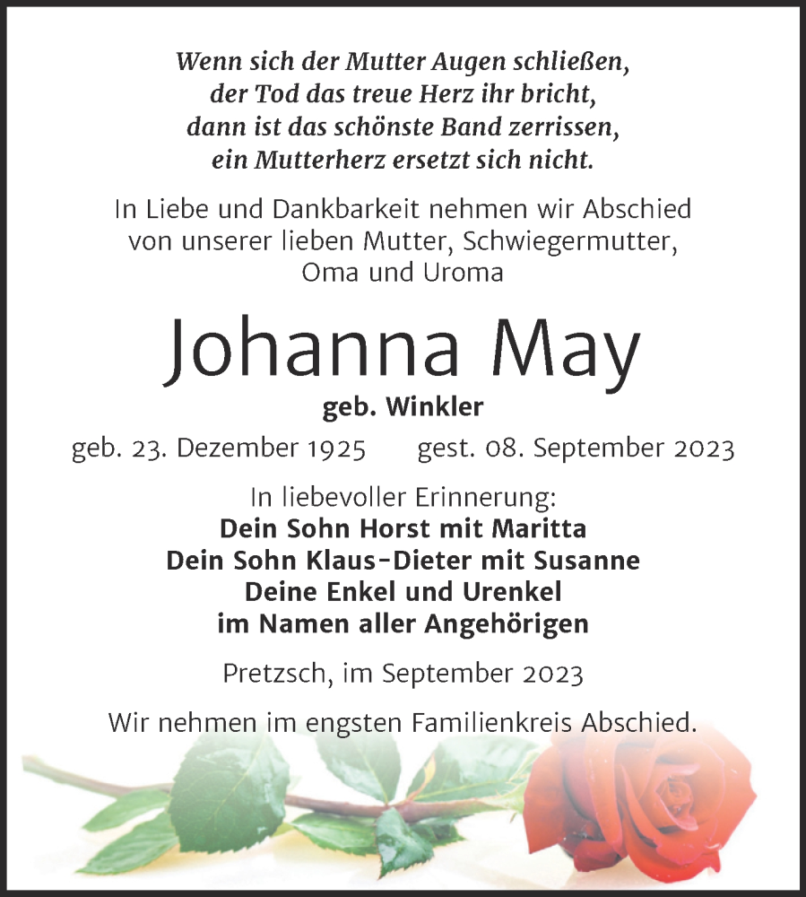 Traueranzeigen Von Johanna May Abschied Nehmen De