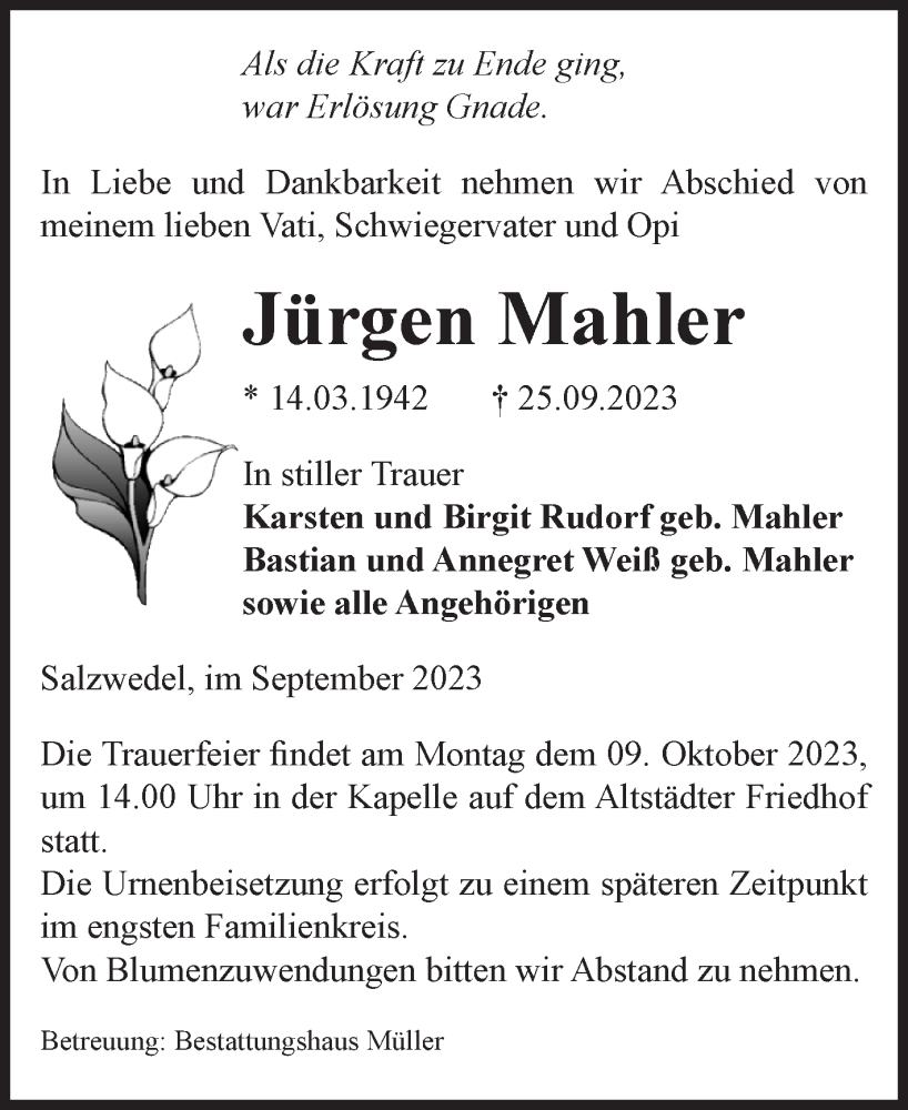 Traueranzeigen von Jürgen Mahler abschied nehmen de