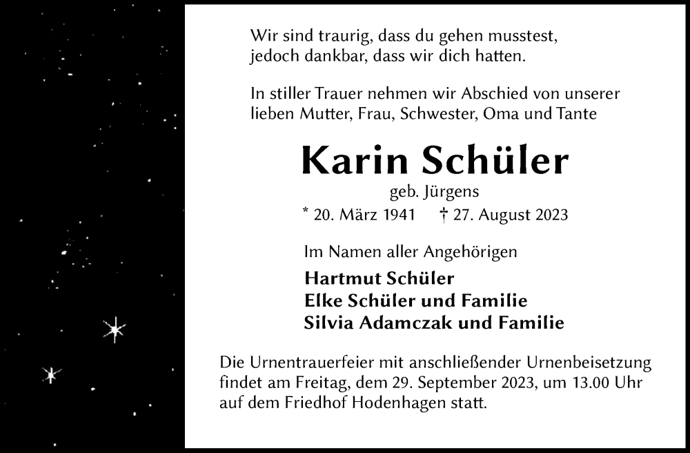 Traueranzeigen Von Karin Sch Ler Abschied Nehmen De