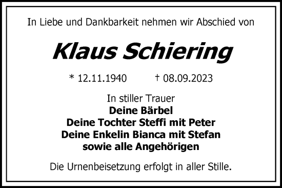 Traueranzeigen Von Klaus Schiering Abschied Nehmen De