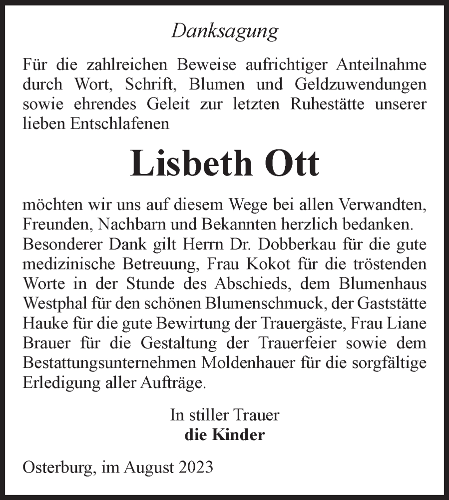 Traueranzeigen Von Lisbeth Ott Abschied Nehmen De