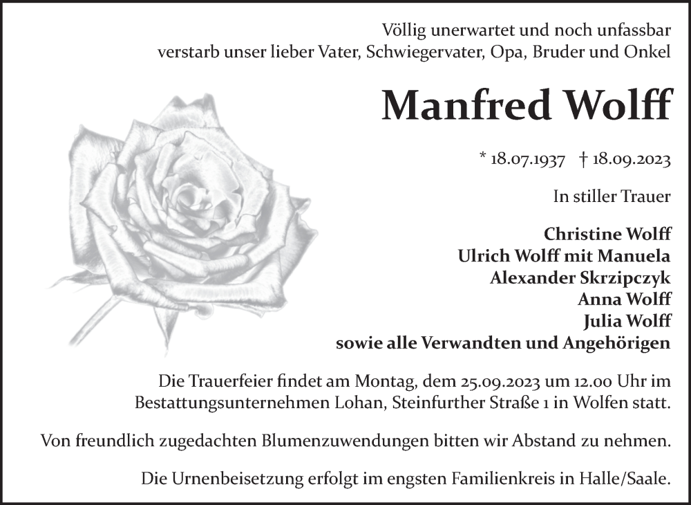 Traueranzeigen Von Manfred Wolff Abschied Nehmen De