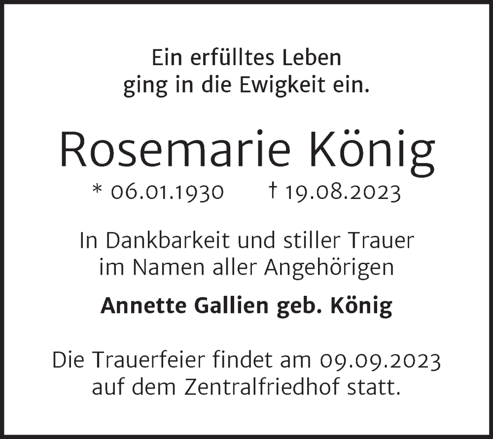 Traueranzeigen von Rosemarie König abschied nehmen de