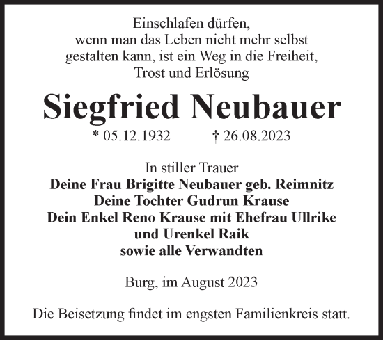 Traueranzeigen Von Siegfried Neubauer Abschied Nehmen De