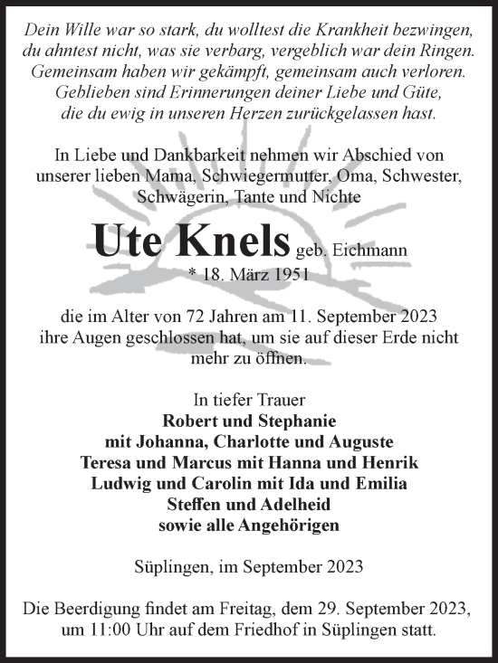 Traueranzeigen Von Ute Knels Abschied Nehmen De