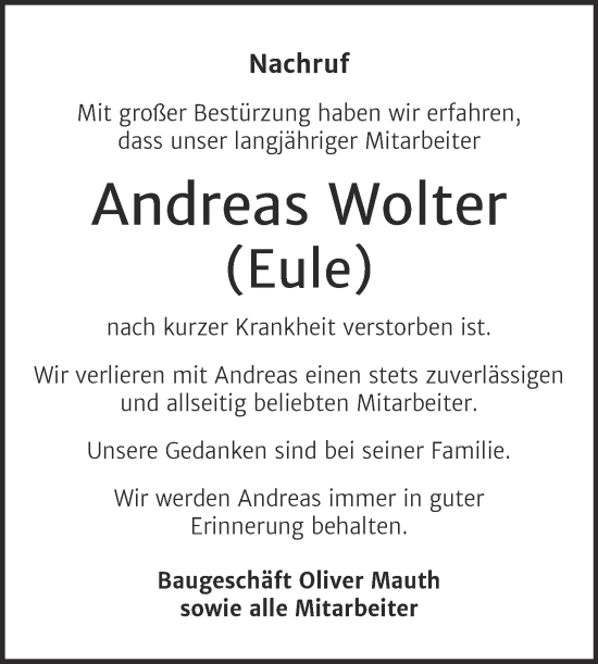 Traueranzeigen Von Andreas Wolter Abschied Nehmen De