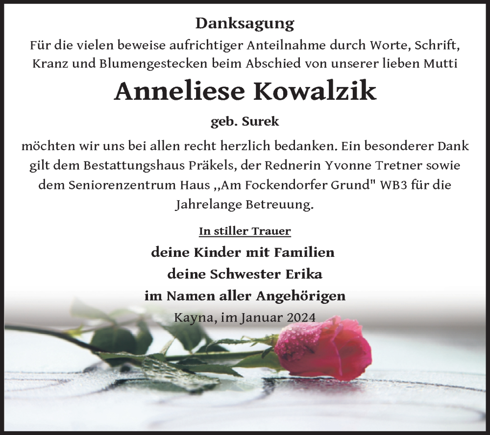 Traueranzeigen Von Anneliese Kowalzik Abschied Nehmen De