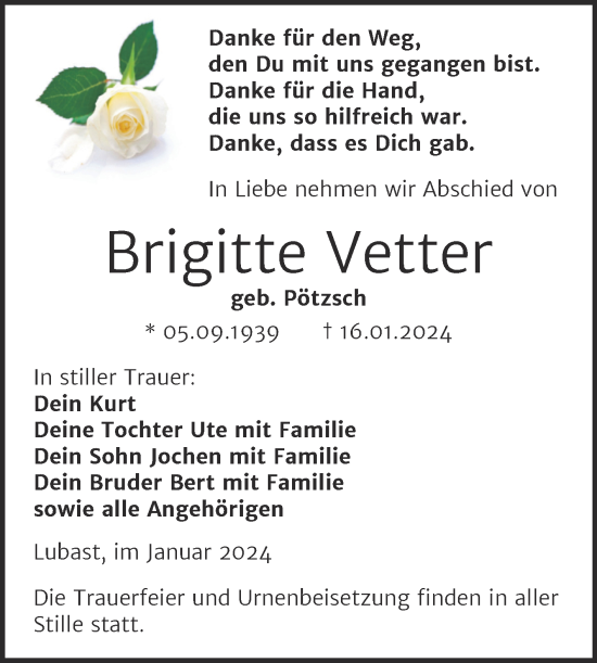 Traueranzeigen Von Brigitte Vetter Abschied Nehmen De