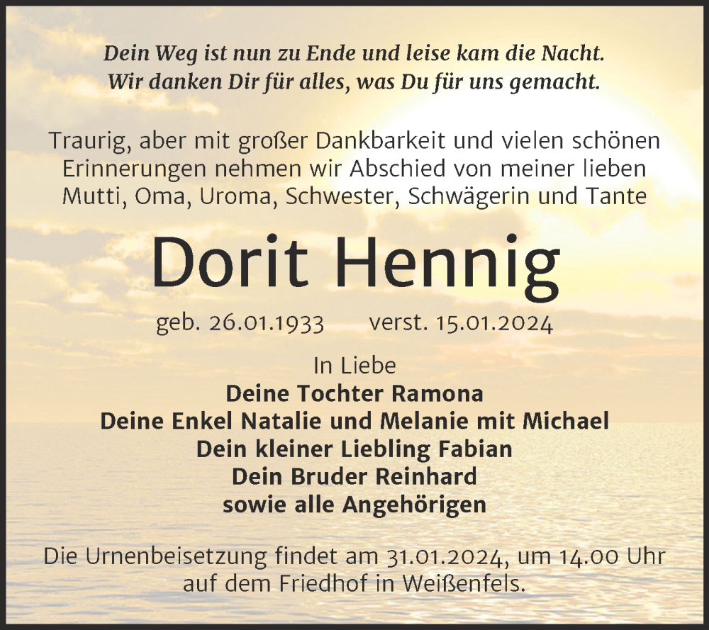 Traueranzeigen Von Dorit Hennig Abschied Nehmen De