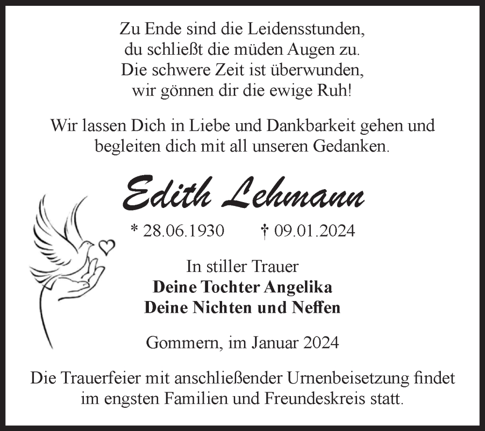 Traueranzeigen Von Edith Lehmann Abschied Nehmen De