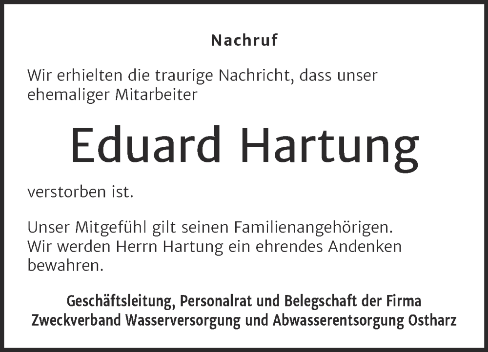 Traueranzeigen Von Eduard Hartung Abschied Nehmen De