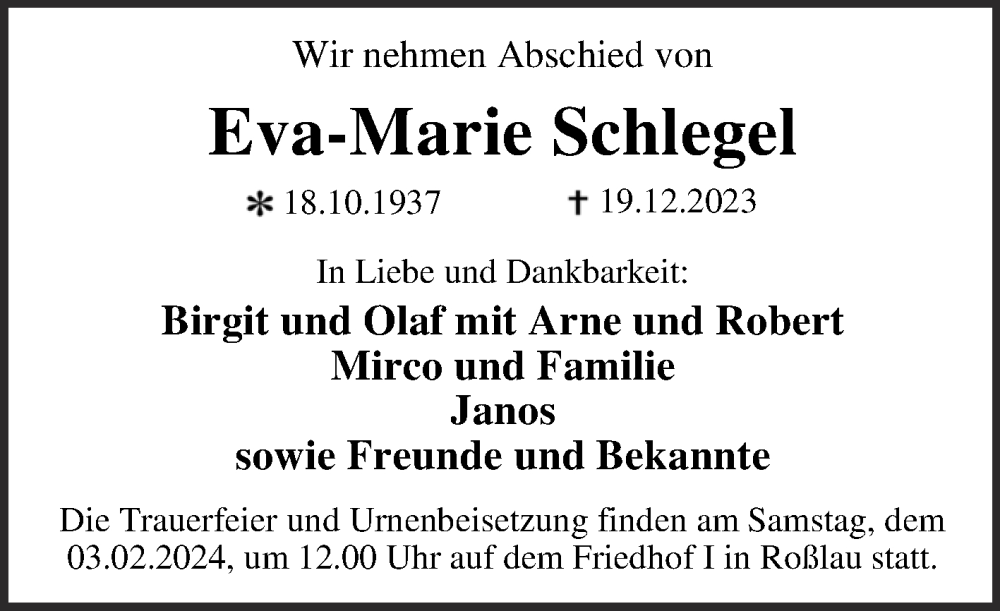 Traueranzeigen Von Eva Marie Schlegel Abschied Nehmen De