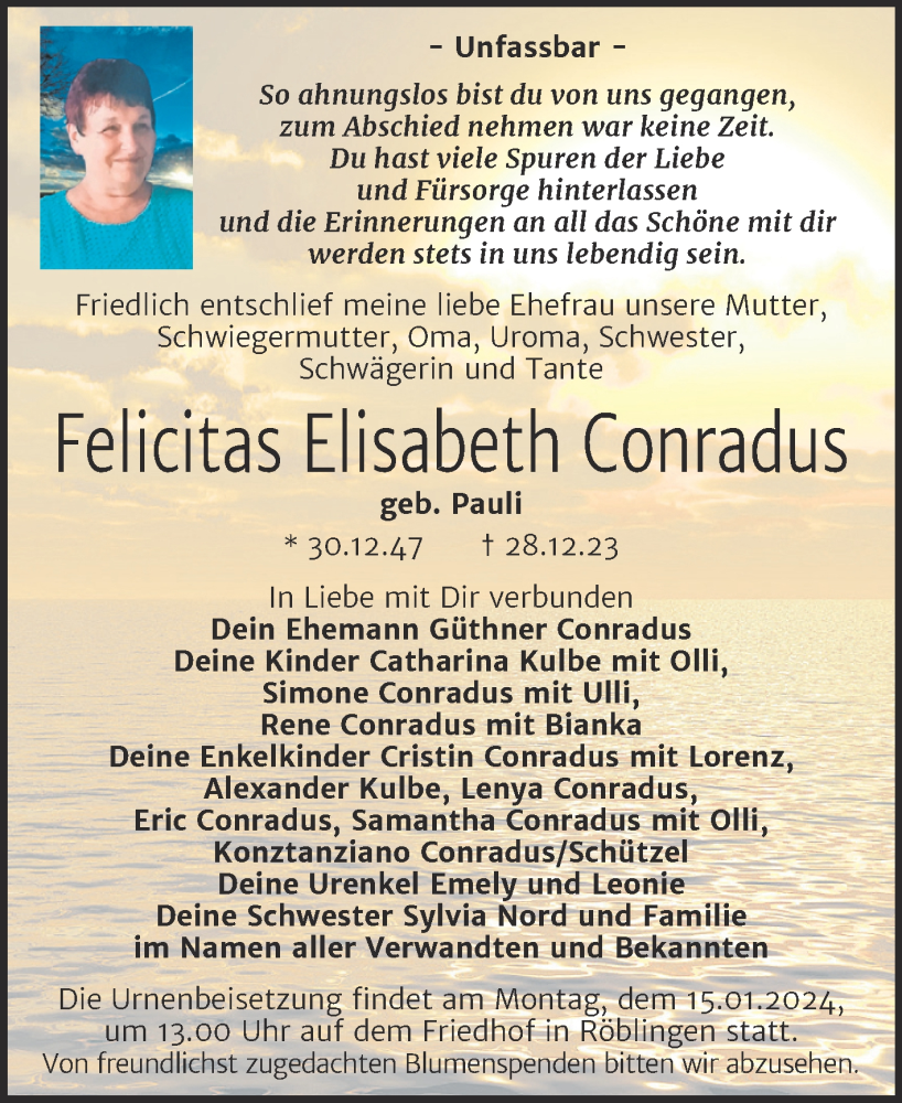 Traueranzeigen Von Felicitas Elisabeth Conradus Abschied Nehmen De