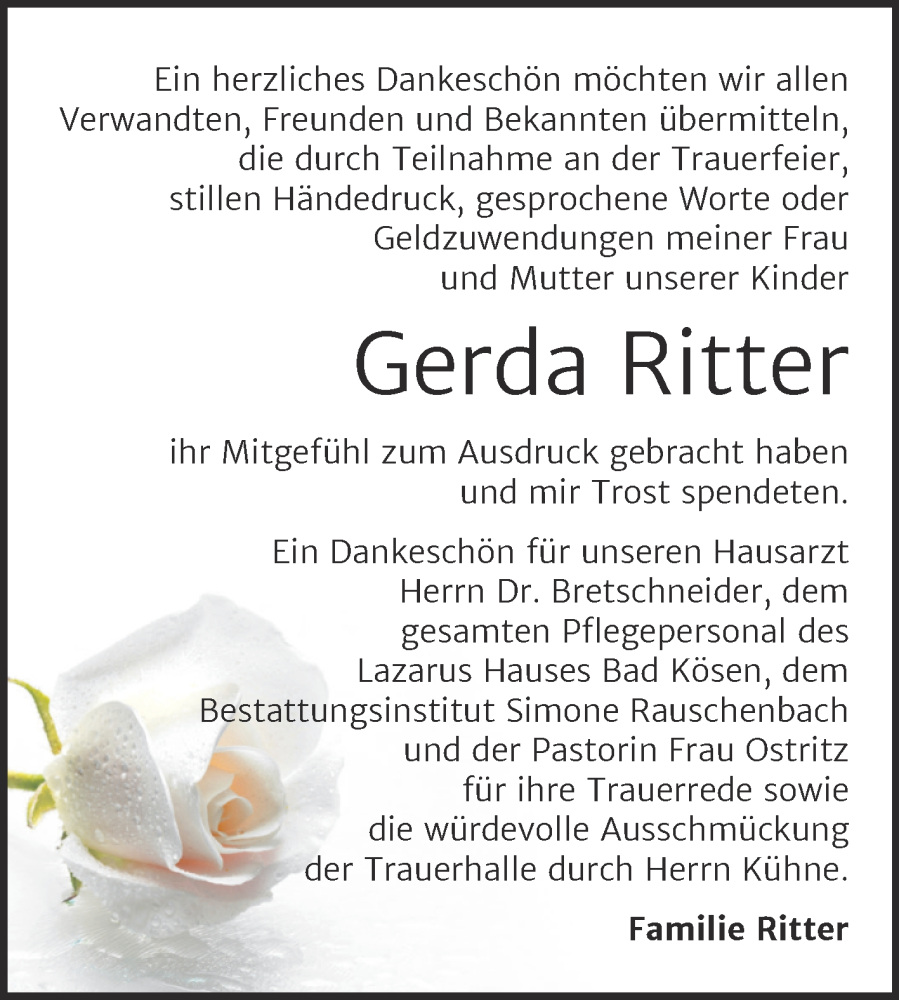 Traueranzeigen Von Gerda Ritter Abschied Nehmen De