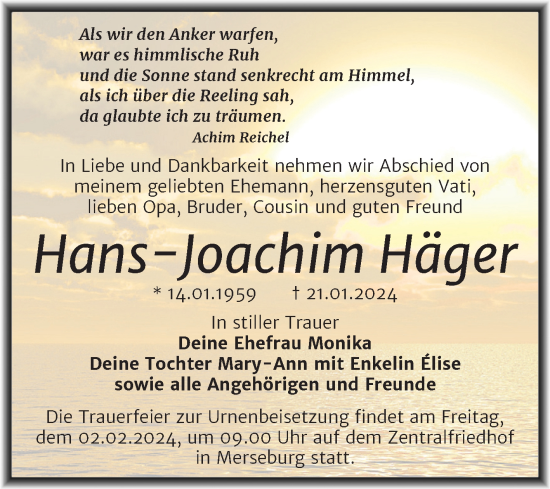 Traueranzeigen von Hans Joachim Häger abschied nehmen de