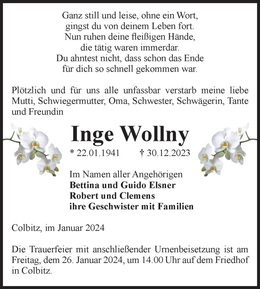 Traueranzeigen Von Inge Wollny Abschied Nehmen De