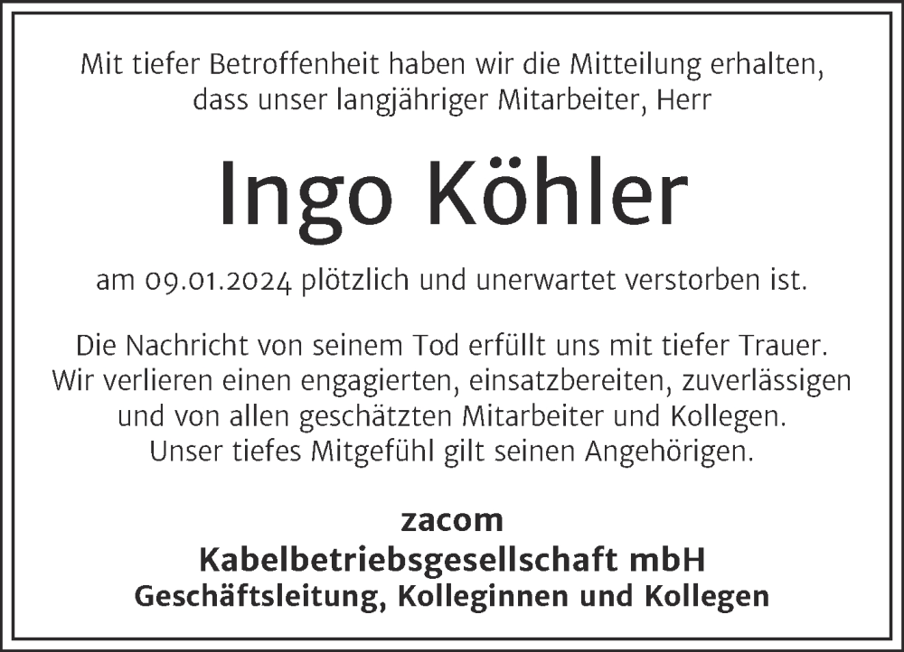 Traueranzeigen von Ingo Köhler abschied nehmen de